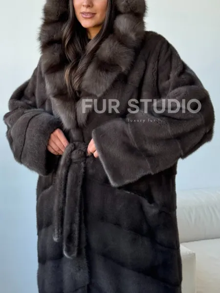 Длинная норковая шуба с капюшоном - графит - фото 1