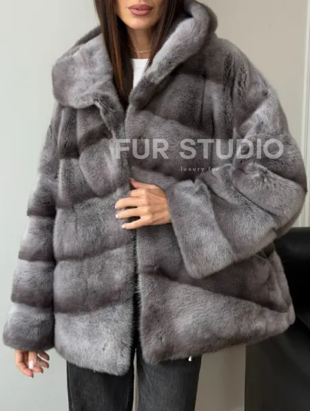 Норковый полушубок с капюшоном - цвет Platinum - фото 5