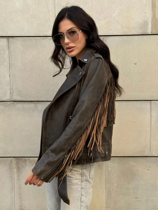 Куртка из натуральной кожи с бахромой «Vintage» - коричневая - фото 7