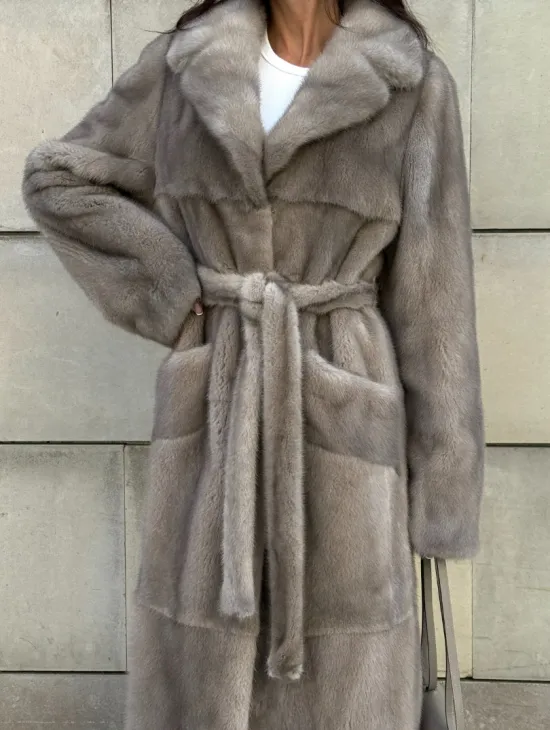 Норковая шуба цельный мех с поясом Luxury Line - цвет silver - фото 5