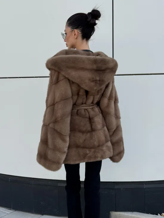 Норковая шуба автоледи с капюшоном кобра, цвет Тортор - фото 9