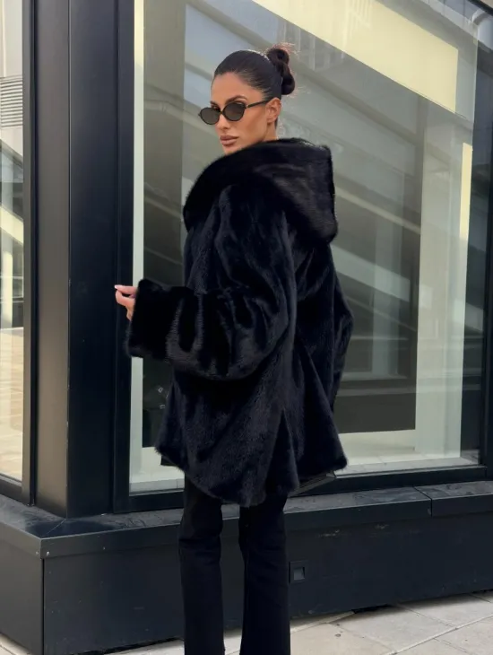 Шуба норковая натуральная с капюшоном кобра - накладные карманы - фото 3