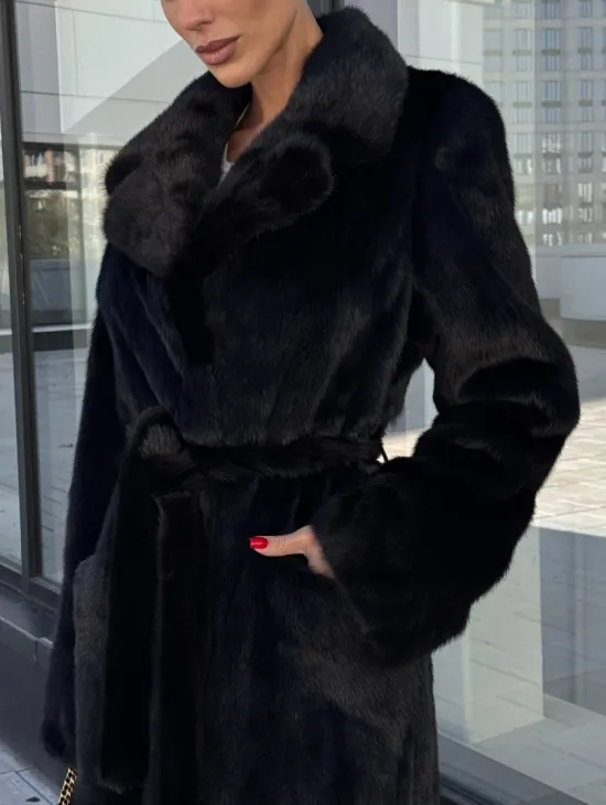 Классическая норковая шуба в финской норке Black с накладными карманами - фото 2