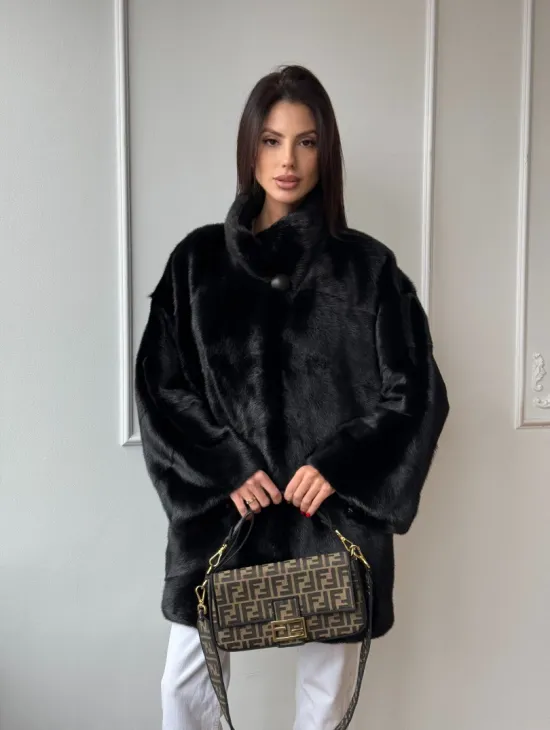 Черный полушубок из натурального меха, стойка воротник - фото 9