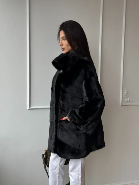 Черный полушубок из натурального меха, стойка воротник - фото 11