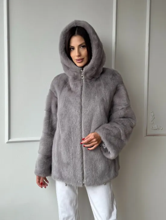 Женский меховой бомбер из аукционной норки с капюшоном  на молнии - фото 5