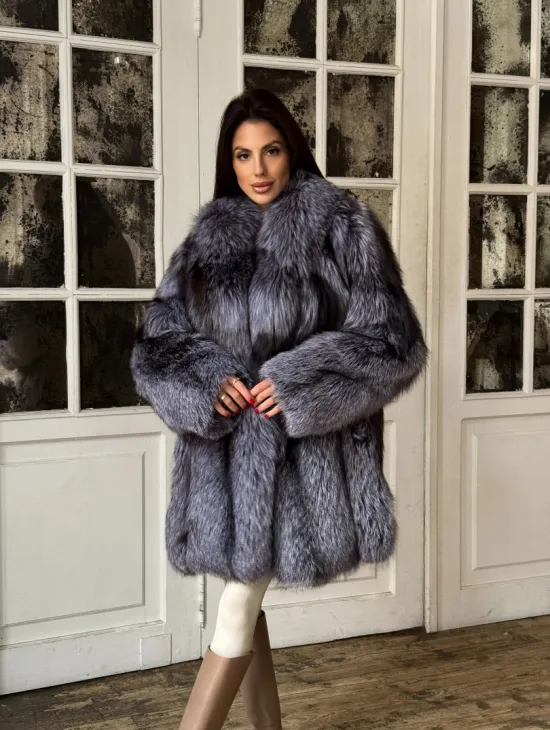 Натуральная шуба из меха чернобурки, воротник шаль - фото 9