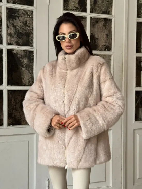 Зимняя норковая шуба - курточка, стойка воротник - на молнии - фото 0