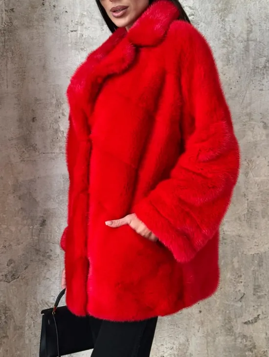 Красный полушубок из натурального меха норки - фото 2