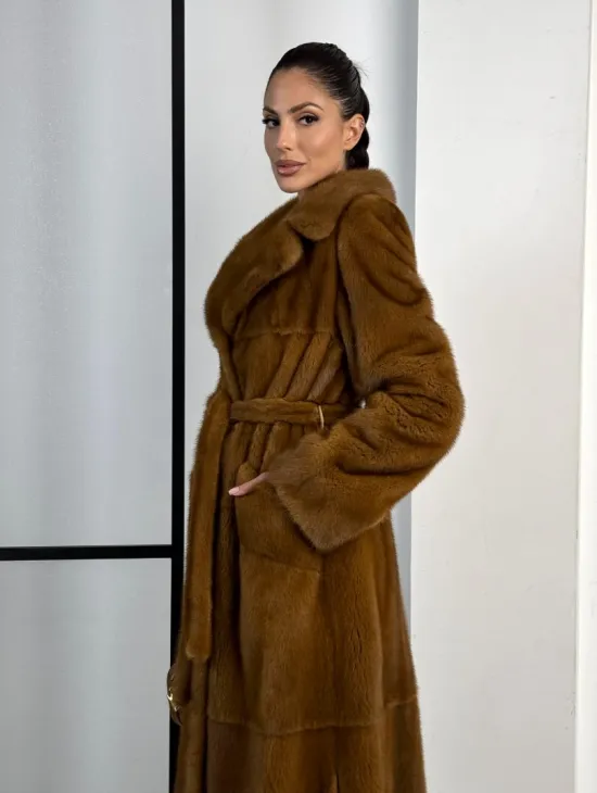 Классическая длинная норковая шуба под пояс - английский воротник - фото 4