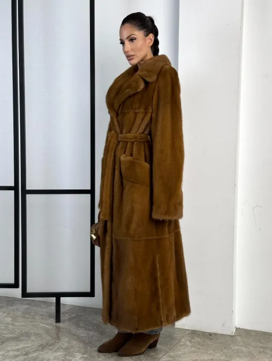 Классическая длинная норковая шуба под пояс - английский воротник - фото 7
