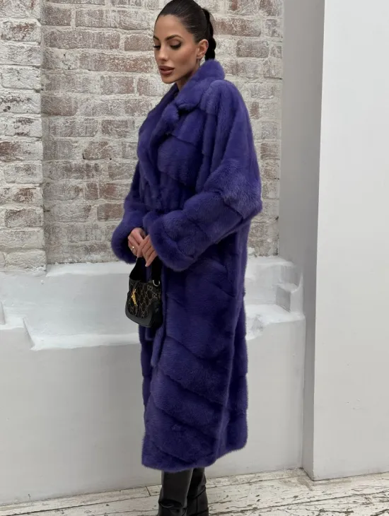 Норковая шуба кимоно с английским воротником в фиолетовом цвете - фото 4