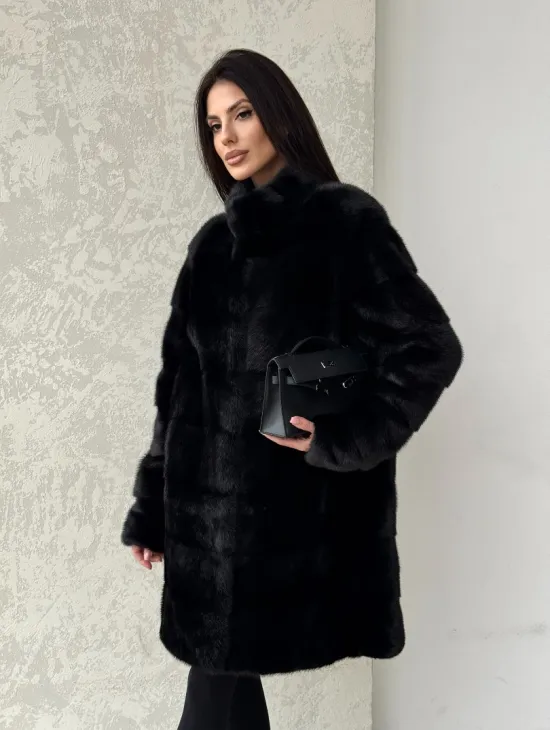 Норковая шуба в черном цвете воротник стойка - фото 7