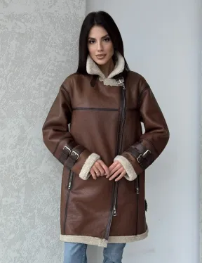 Удлиненная дубленка авиатор в коричневом цвете - винтажный стиль - фото 0