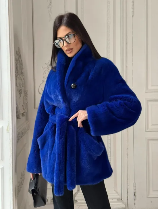 Полушубок из меха премиальной плюшевой норки Electric Blue - фото 11