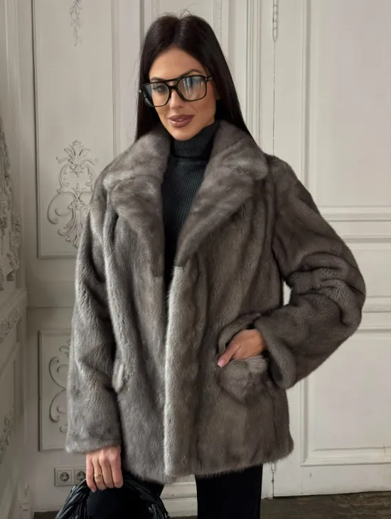 Норковый жакет классического кроя с прорезными карманами клапанами - фото 5