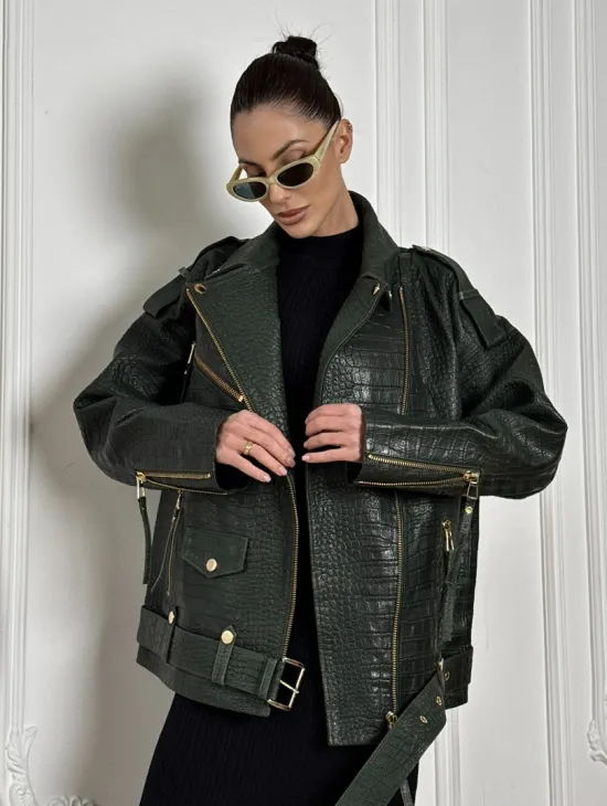 Куртка - косуха из натуральной кожи «CROCO» Dark green - фото 4