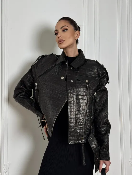 Укороченная куртка из натуральной кожи «CROCO» BLACK со шнуровкой на спине - фото 12