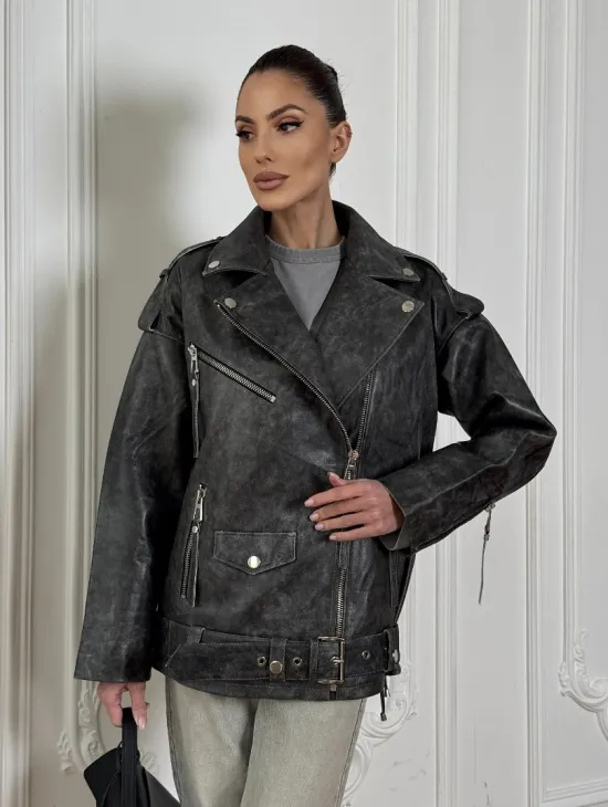 Женская кожаная куртка авиатор со шнуровкой на спине Dark grey - фото 8