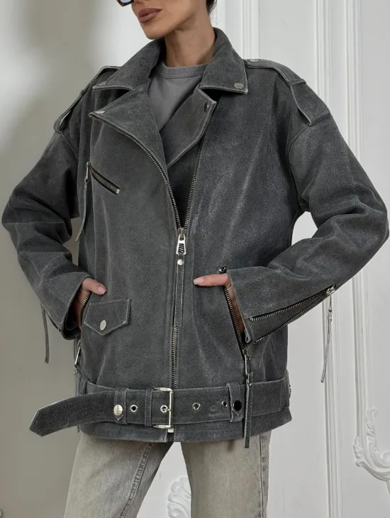 Винтажная кожаная косуха оверсайз - серый графит - фото 2