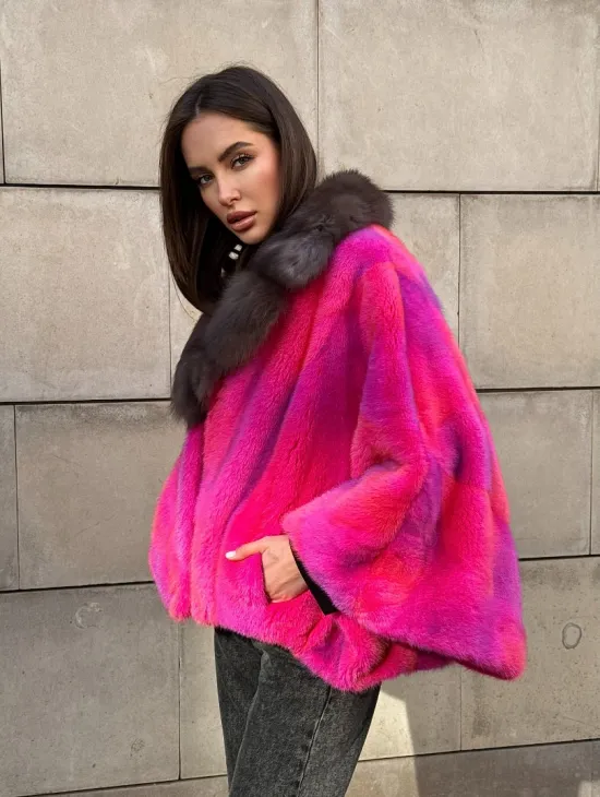 Полушубок - летучка из меха норки в цвете фуксия 