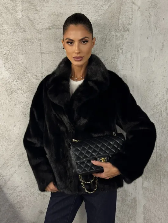 Черный норковый кроп - жакет с английским воротником - фото 7