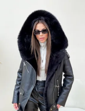 Дубленка авиатор из натуральной овчины с капюшоном - фото 0