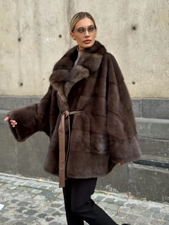 Полушубок норковый женский с воротником куница - фото 10