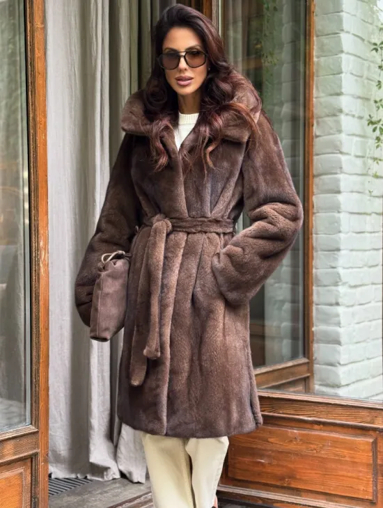 Норковая шуба с капюшоном - цвет орех - фото 0