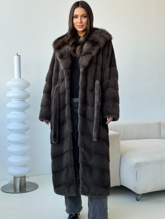 Длинная норковая шуба с капюшоном - графит - фото 5