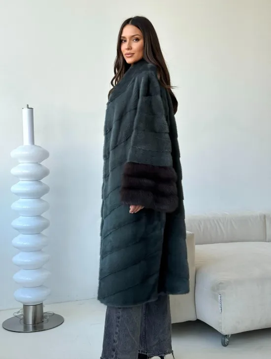 Норковая шуба с манжетами из куницы - цвет зеленый - фото 8