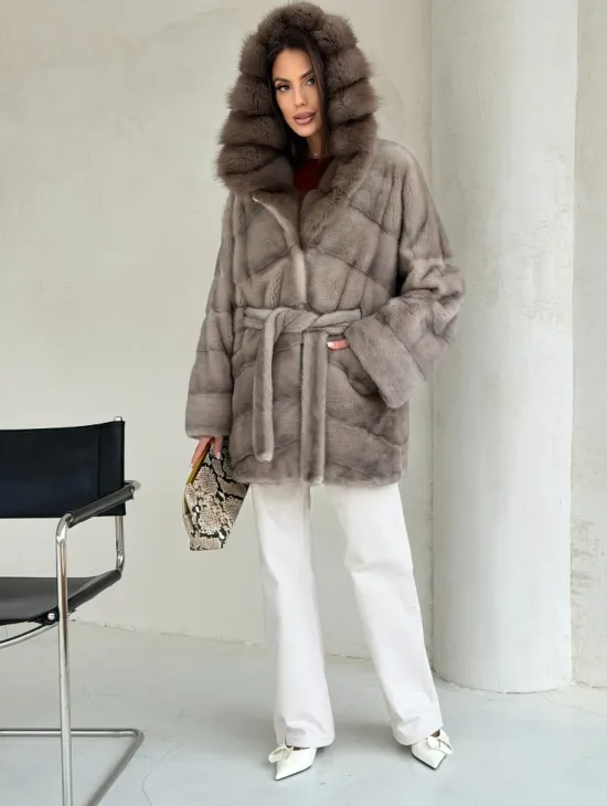 Серый норковый полушубок - капюшон куница - фото 3