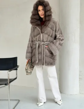 Серый норковый полушубок - капюшон куница - фото 3