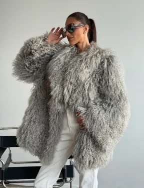 Серая шуба из ламы - фото 9