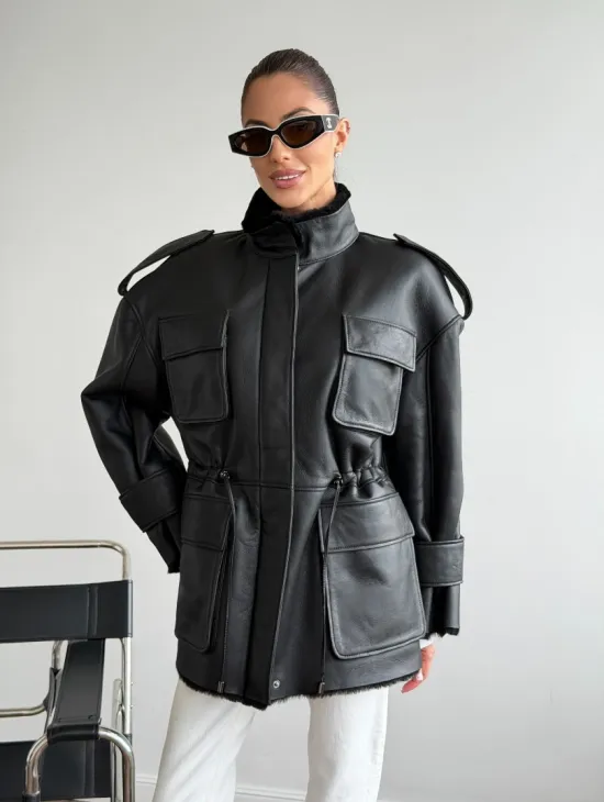 Черная куртка - дубленка из испанского мериноса - фото 8