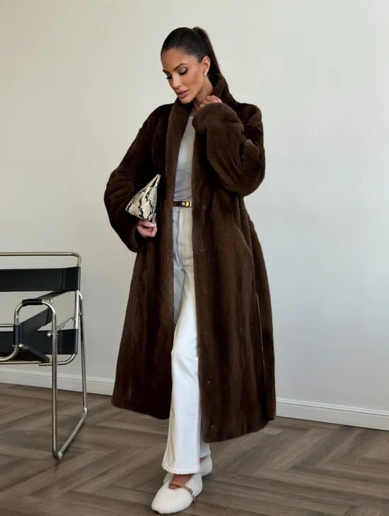 Шуба норковая в роспуск с меховым поясом - фото 8