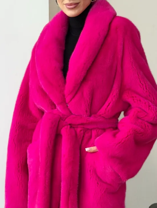 Шуба из плюшевой норки Velvet - фуксия - фото 1