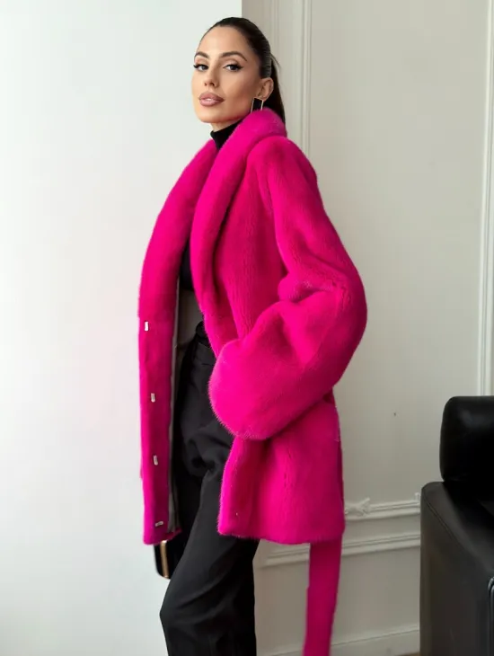 Шуба из плюшевой норки Velvet - фуксия - фото 9