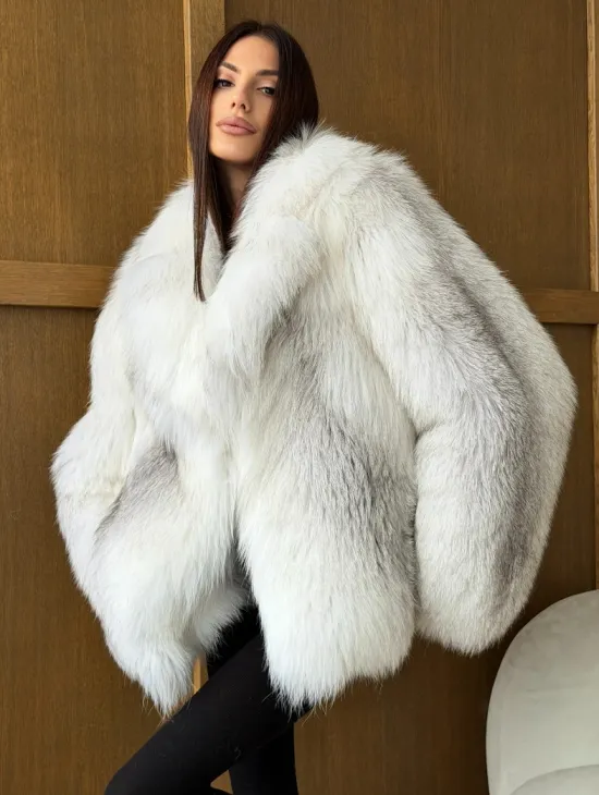 Белый полушубок из крестовой лисы - английский воротник - фото 4