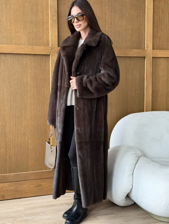 Норковая шуба - прямой крой с меховым поясом - фото 4