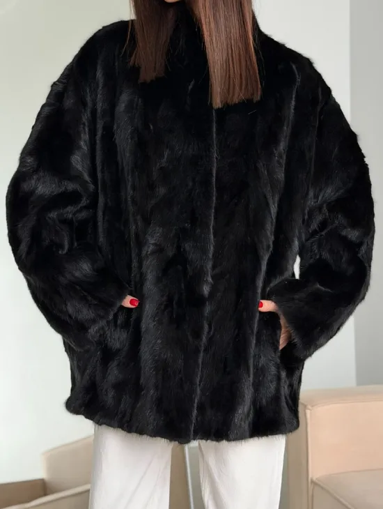 Шуба норковая из кусочков в стиле оверсайз - фото 1