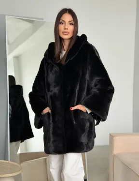 Норка шуба BLACKGLAMA паркет кимоно с капюшоном - фото 14