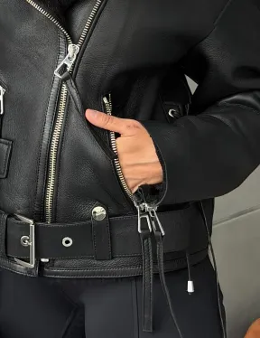 Черная короткая дубленка авиатор - фото 2