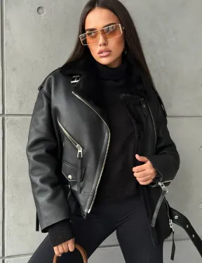 Черная короткая дубленка авиатор - фото 6