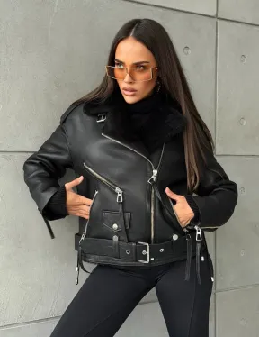 Черная короткая дубленка авиатор - фото 14