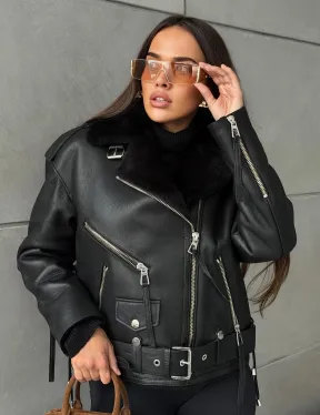 Черная короткая дубленка авиатор - фото 12