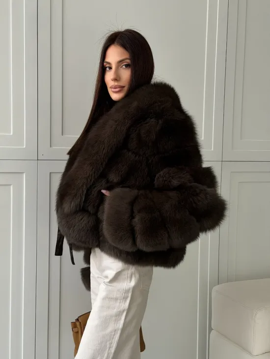 Полушубок-кроп из песца с шалевым воротником - фото 11