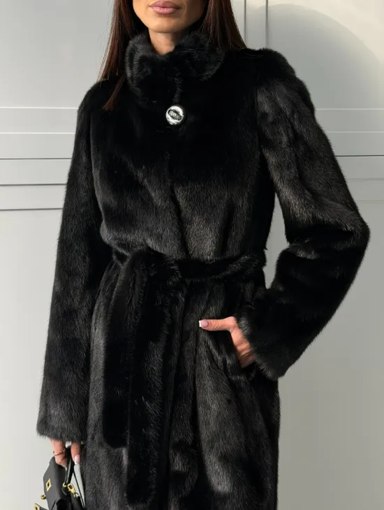 Черная норковая шуба - воротник стойка - фото 2