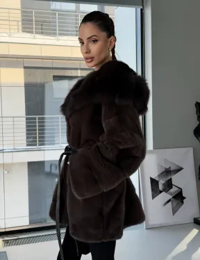 Норковая шуба кимоно с капюшоном куница - фото 11