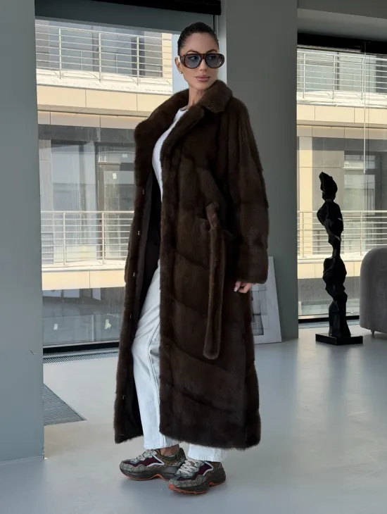 Коричневая норковая шуба - кимоно - фото 11